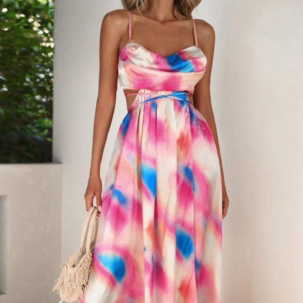 Multicolor Tie Dye Print Cut Out Waist Cami Maxi Dress - Picture 4 of 5